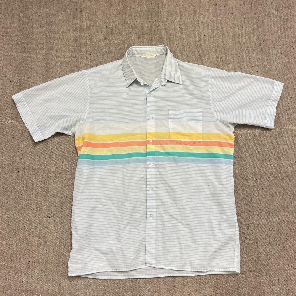 Vintage Cortez BVD‎ Button Up Shirt Mens Large White 1970s Striped Short Sleeve